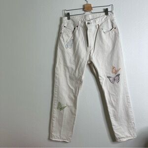 Levi's 501 White Butterfly Cotton Blend High Rise Straight Leg Jeans 30x28